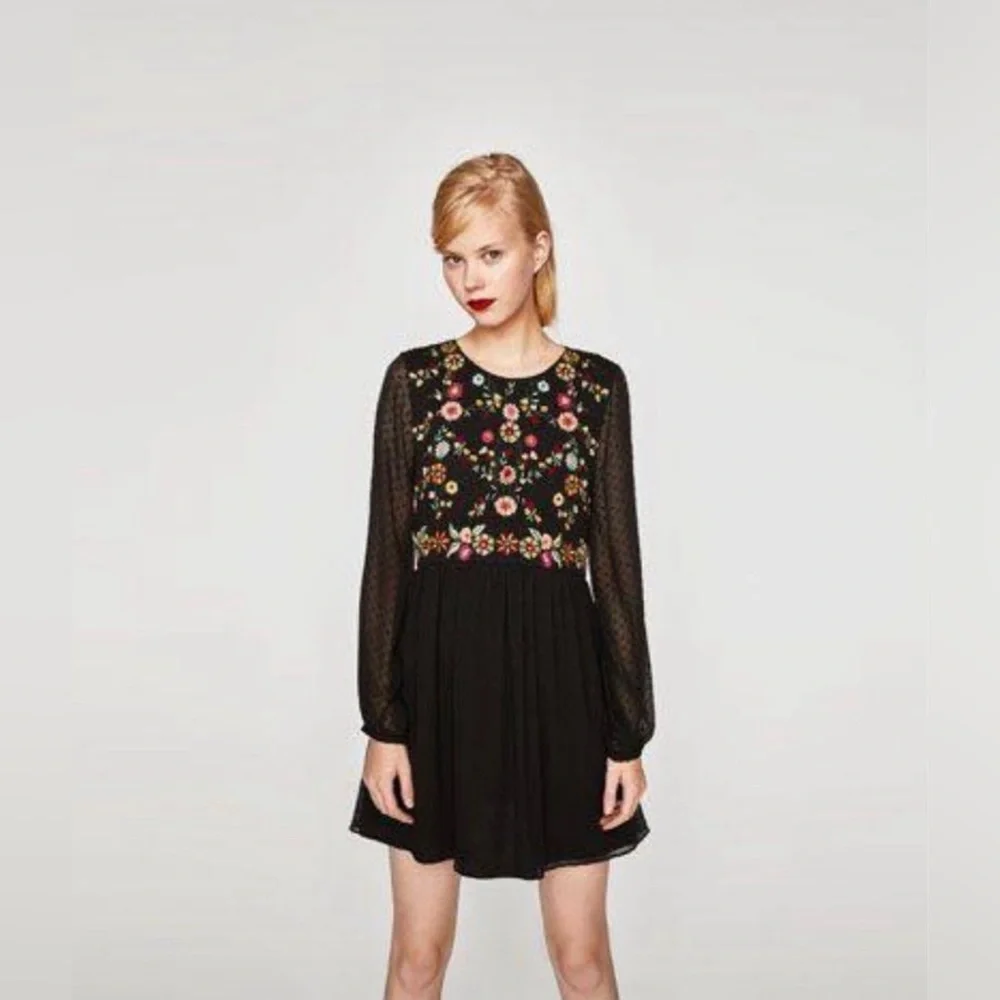 zara embroidered mesh dress ZARA Mesh Tulle Black Embroidered Dress Short Sleeve Floral Leaves Medium 8
